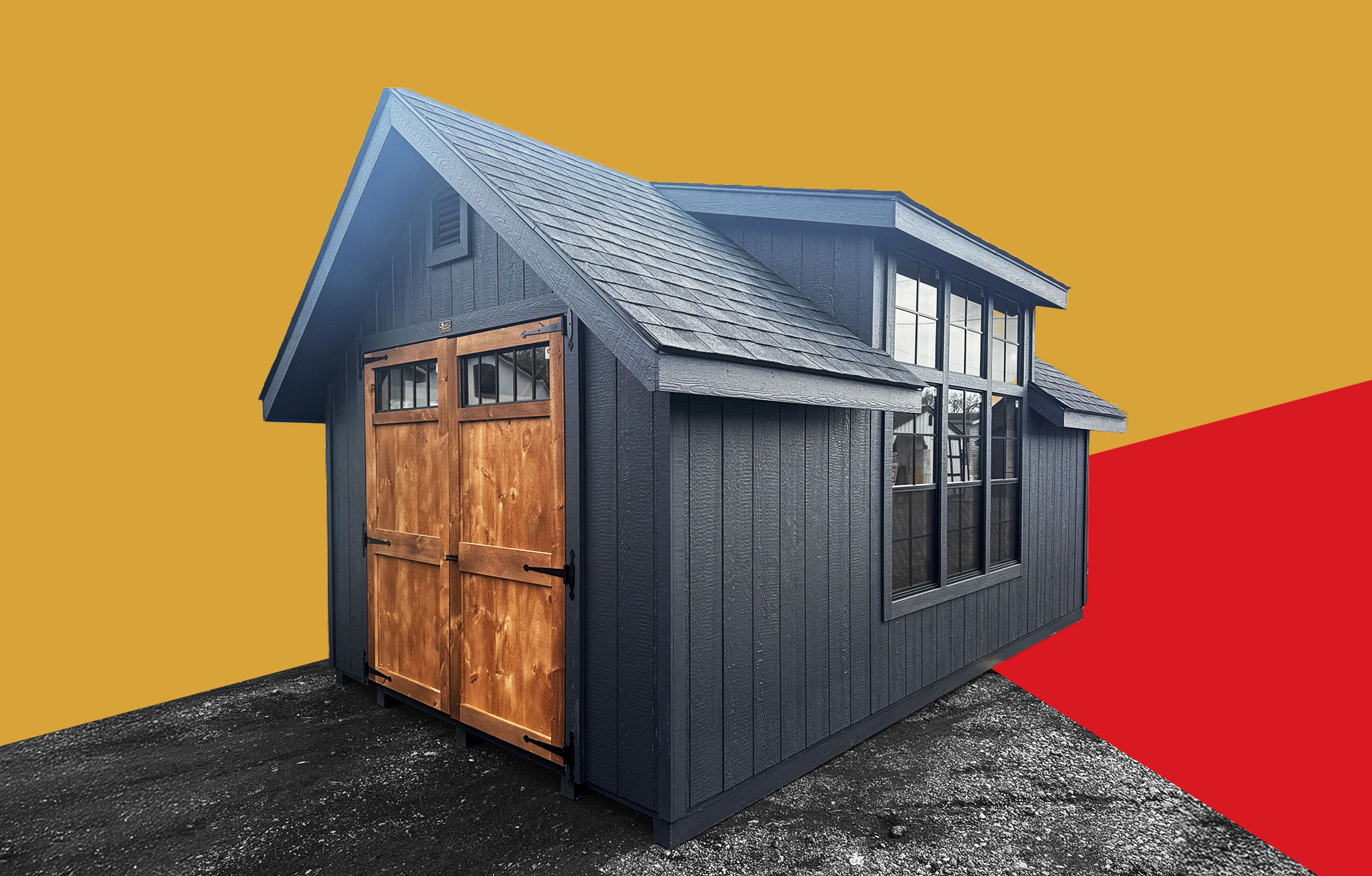 A stylized photo of a Victorian A-frame building. Contact Capitol Sheds today to get yours!